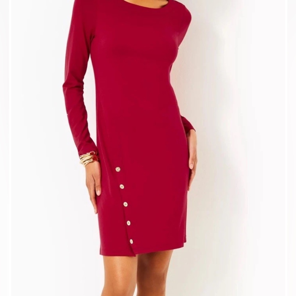 Lilly Pulitzer Maddox Long Sleeves Dress - Red Gold Logo Buttons NEW